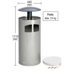 Cendrier avec poubelle cylindrique et son toit - Corps : argent et toit argent antique - dimensions - Leader Equipements
