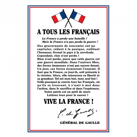 Plaque d'intérieur "À tous les français" Général DE GAULLE loi BLANQUER
