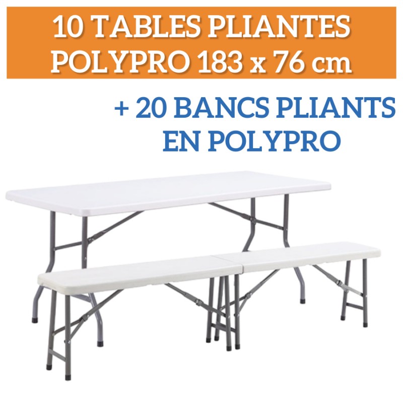Lot 10 tables blanches 183 cm + 20 bancs en polypro