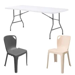 Lot de 10 tables pliantes polypro + 60 chaises empilables Elena