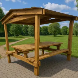 Table extérieure en bois avec toit