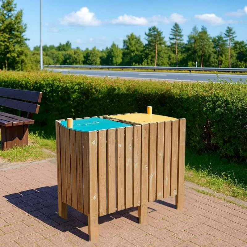 Poubelle carré en bois pour le tri sélectif