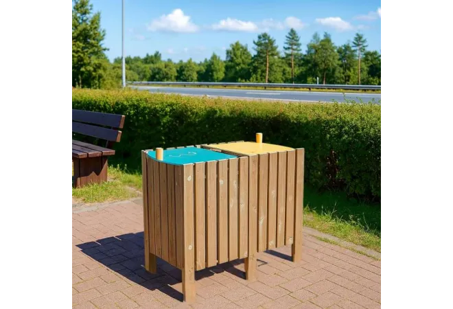 Poubelle carré en bois pour le tri sélectif
