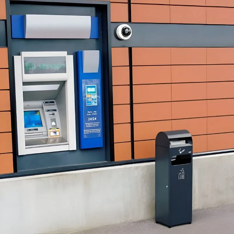 Poubelle/cendrier devant une banque
