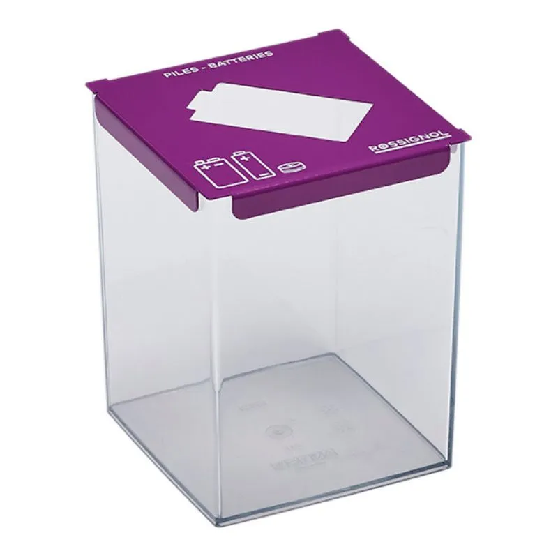 Bac de recyclage de piles cube 2 L transparent avec dessus violet Bac de recyclage de piles cube 2 L transparent avec dessus violet
