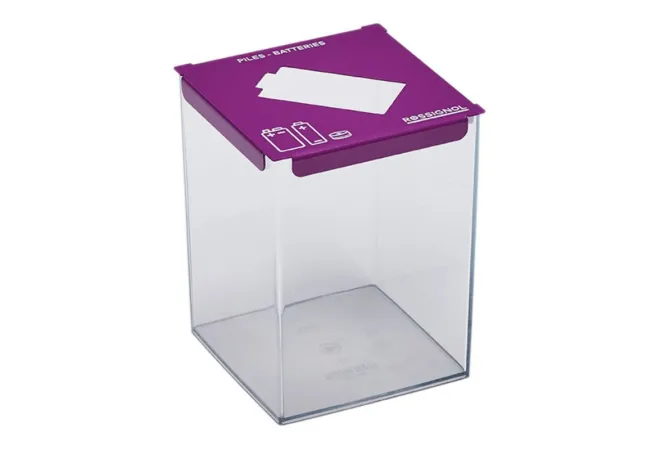 Bac de recyclage de piles cube 2 L transparent avec dessus violet Bac de recyclage de piles cube 2 L transparent avec dessus violet