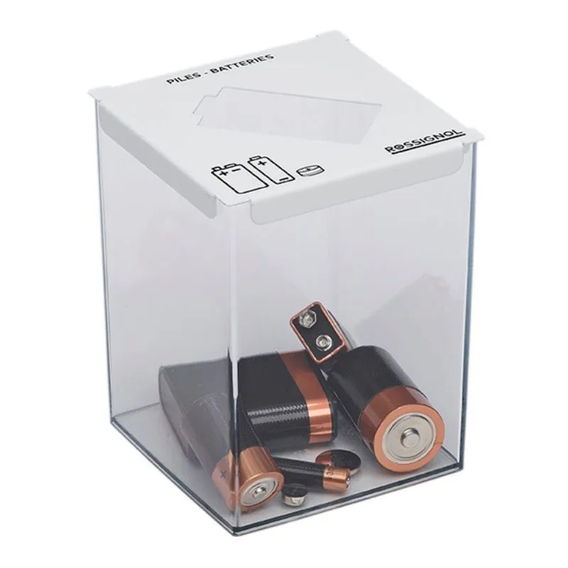 Bac pour recycler les piles de 2 L avec 5 faces transparentes et une blanche Bac pour recycler les piles de 2 L avec 5 faces transparentes et une blanche
