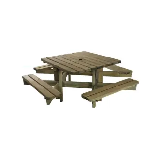 Table de pique-nique en bois de forme carrée avec bancs intégrés