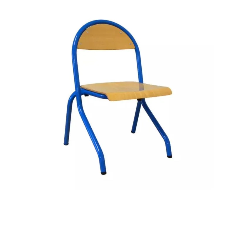 Chaise scolaire fixe appui sur table bleue et hêtre multiplis