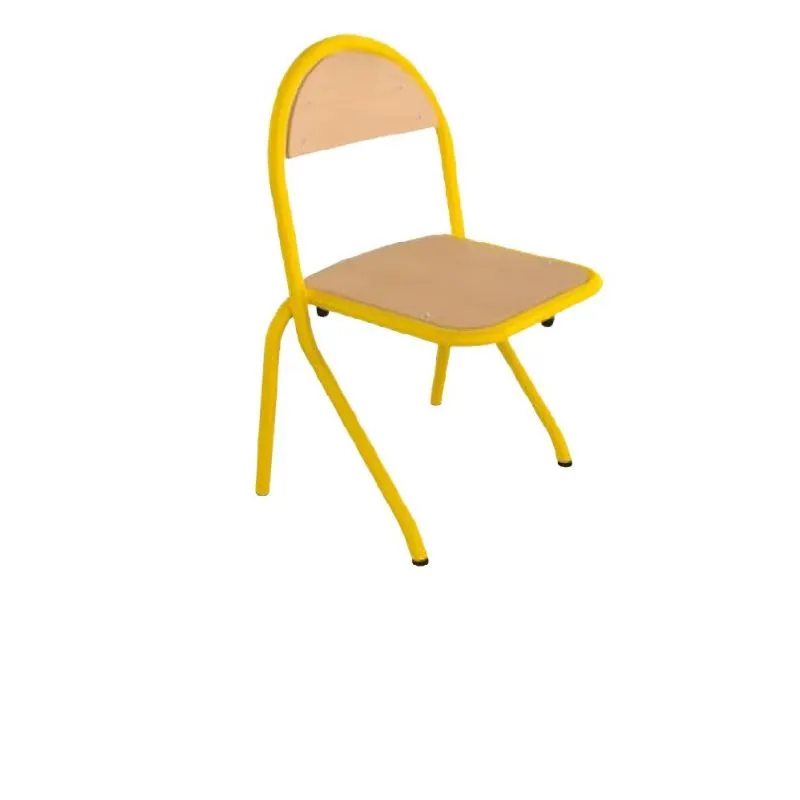 Chaise scolaire fixe à appui sur table piètement jaune assise et dossier multiplis hêtre