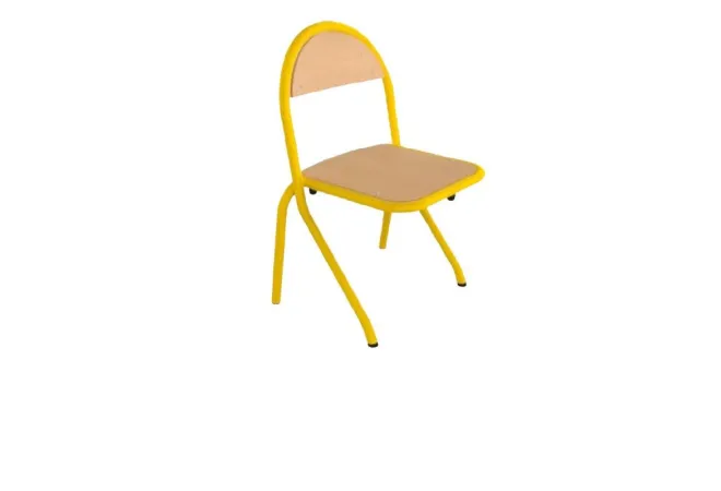 Chaise scolaire fixe à appui sur table piètement jaune assise et dossier multiplis hêtre