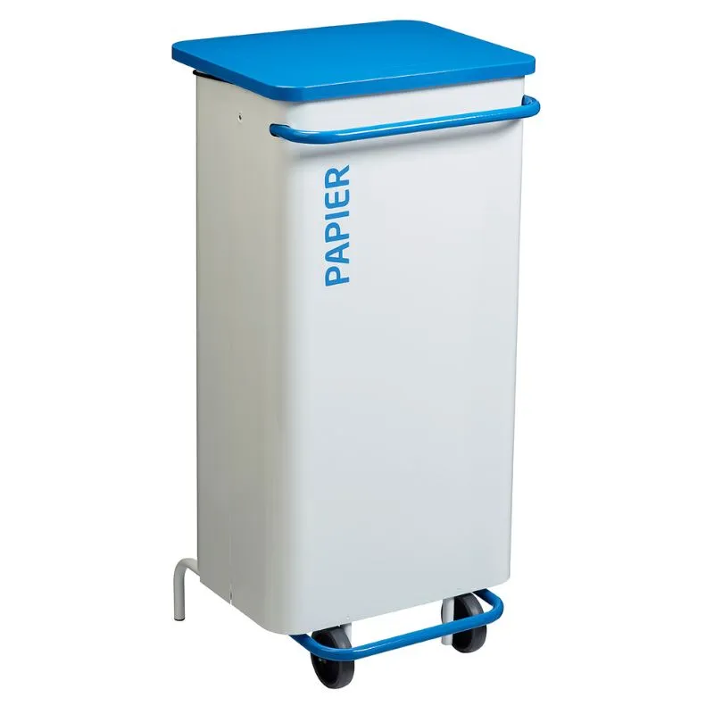 Poubelle mobile de tri sélectif corps blanc et couvercle bleu
