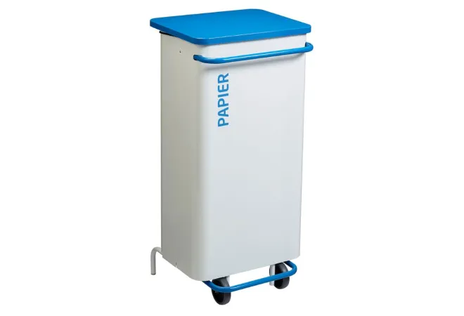 Poubelle mobile de tri sélectif corps blanc et couvercle bleu