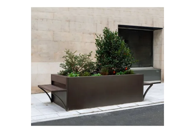 Jardinière en acier pour collectivités avec 2 bancs