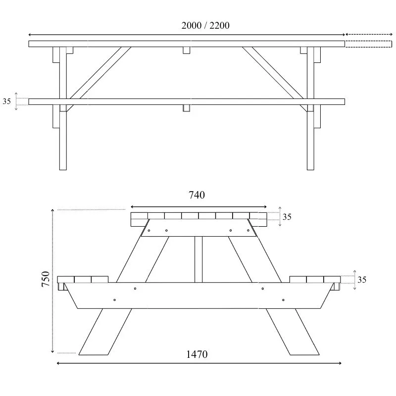 Dimensions de la table de picnic avec bancs intégrés