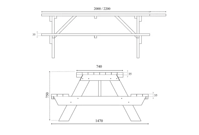 Dimensions de la table de picnic avec bancs intégrés