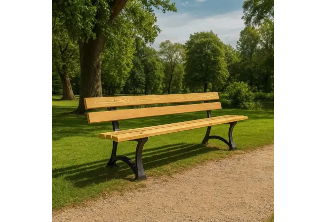 Banc urbain en pin et piètement en fonte