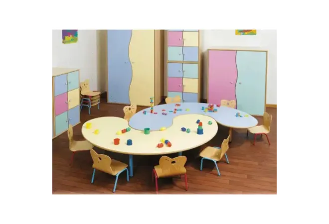 Table de cantine scolaire en forme de haricot, mélaminé