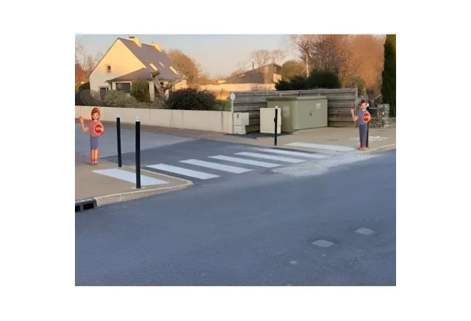 Panneaux d'avertissement garçon et fille de chaque côté d'un passage piéton à proximité d'une école