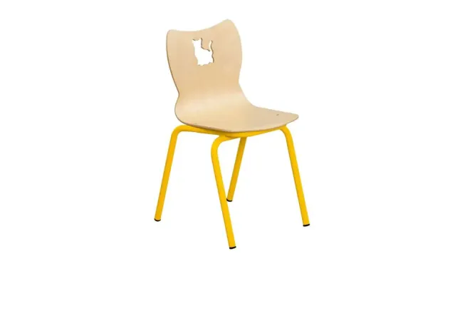 Chaise d'école maternelle motif chat piétement jaune