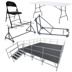 Lot complet de tables pliantes, chaises pliantes, chariot de transport et podium Lot complet de tables pliantes, chaises pliantes, chariot de transport et podium