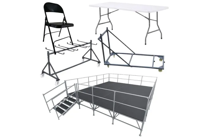 Lot complet de tables pliantes, chaises pliantes, chariot de transport et podium Lot complet de tables pliantes, chaises pliantes, chariot de transport et podium