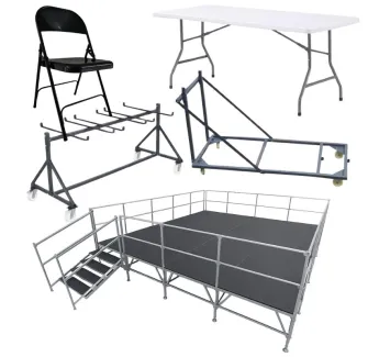 Lot complet de tables pliantes, chaises pliantes, chariot de transport et podium