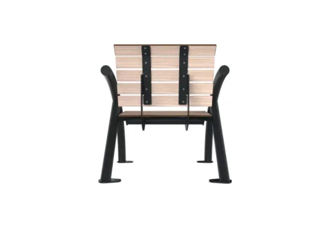 Mobilier de repos urbain avec lames HPL et acier gris anthracite.