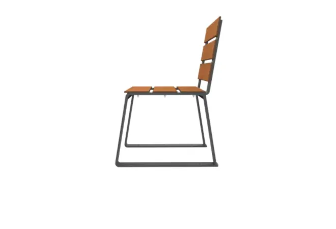 Vue latérale du fauteuil de repos en HPL teck, structure poudrée anti-UV