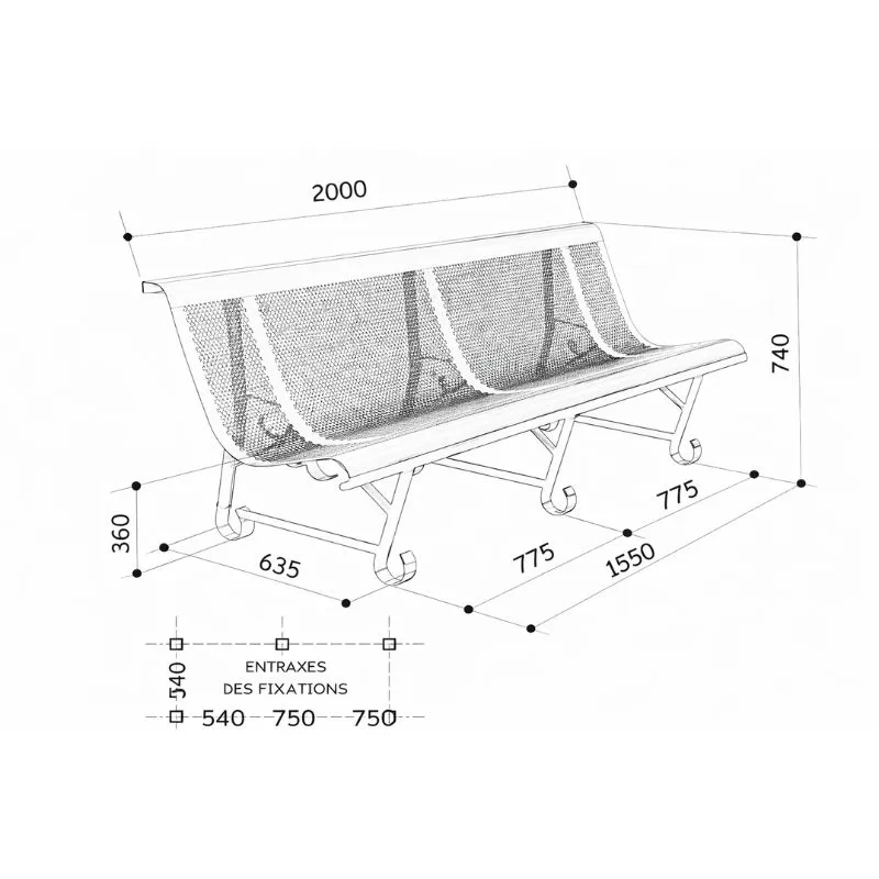 Schéma du banc urbain en métal 3 pieds