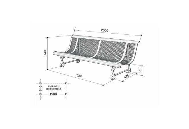 Schéma du banc public en métal 2 pieds