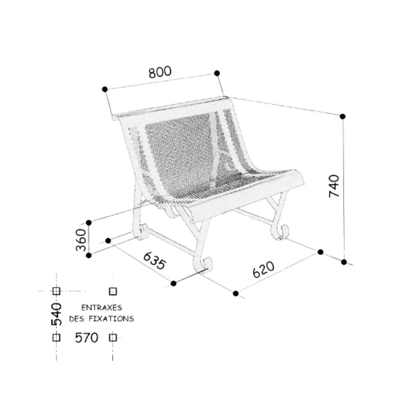 Schéma du fauteuil métallique d'extérieur