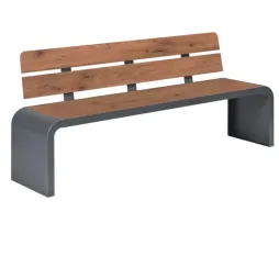 Banc public avec pied acier et assise/dossier en lames de HPL coloris pin Tyrol