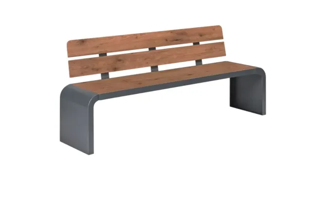 Banc public avec pied acier et assise/dossier en lames de HPL coloris pin Tyrol