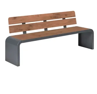 Banc public avec pied acier et assise/dossier en lames de HPL coloris pin Tyrol