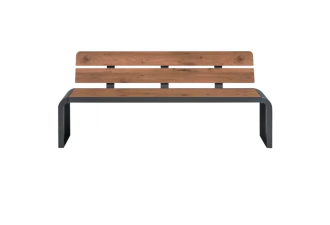 Banc de ville pied en acier roulé et lames HPL pin Tyrol