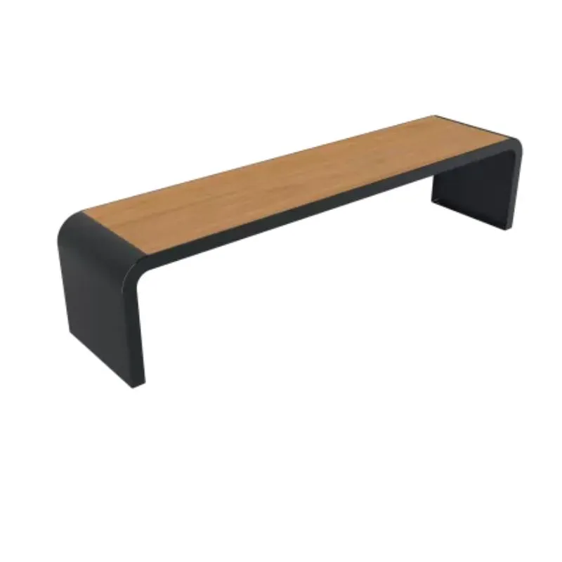 Banquette publique structure acier et assise lames HPL finition teck