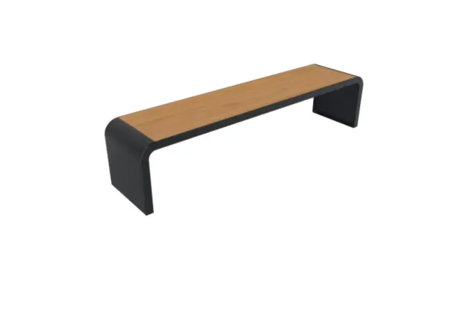 Banquette publique structure acier et assise lames HPL finition teck