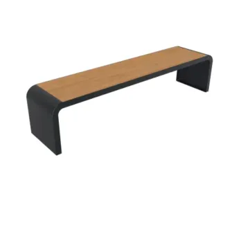 Banquette publique structure acier et assise lames HPL finition teck