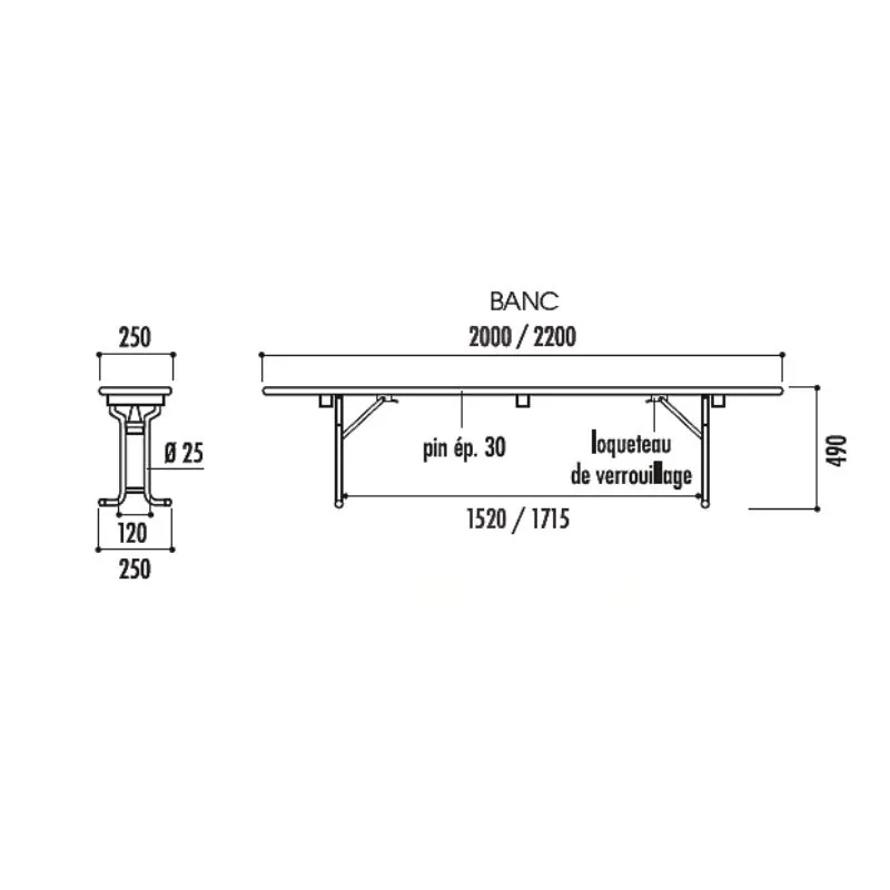 Schéma du banc pliant en bois brasserie Vienne