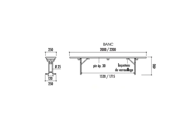 Schéma du banc pliant en bois brasserie Vienne