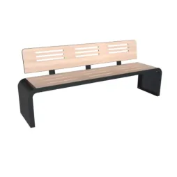 Banc public en métal et HPL ajouré teinté chêne clair Banc public en métal et HPL ajouré teinté chêne clair