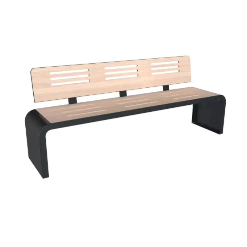 Banc public en métal et HPL ajouré teinté chêne clair Banc public en métal et HPL ajouré teinté chêne clair