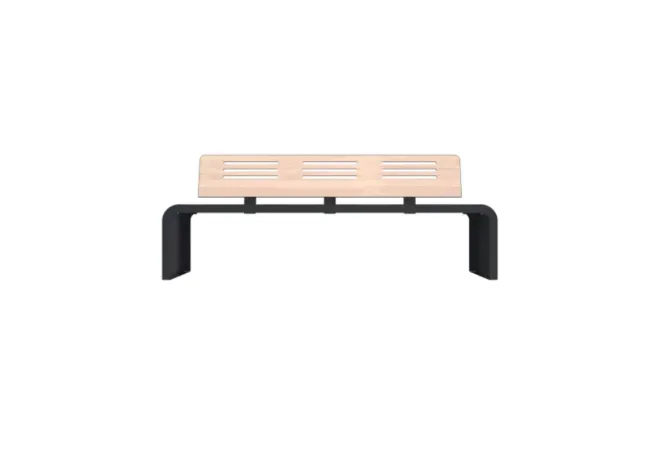 Banc en HPL ajouré chêne clair et acier anthracite Banc en HPL ajouré chêne clair et acier anthracite