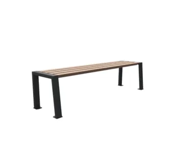 Banquette extérieur collectivité en acier et lames HPL teintées chêne clair