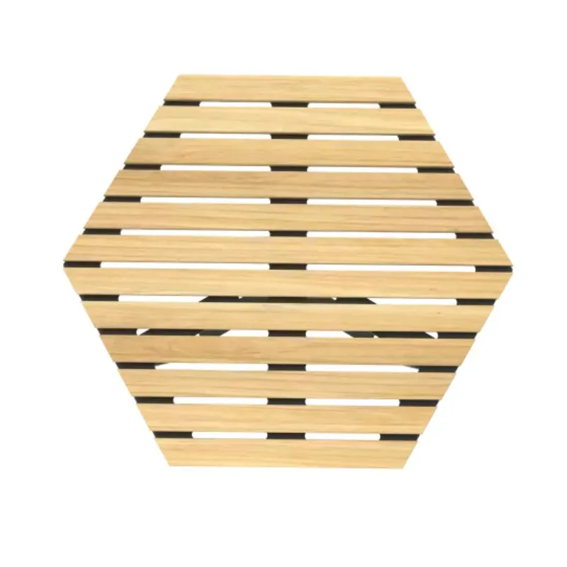 Table basse pour espaces extérieurs avec plateau hexagonal en bois certifié