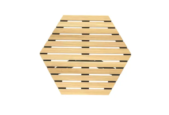 Table basse pour espaces extérieurs avec plateau hexagonal en bois certifié