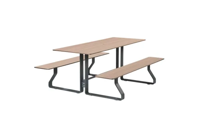 Table pique-nique en acier et HPL chêne clair