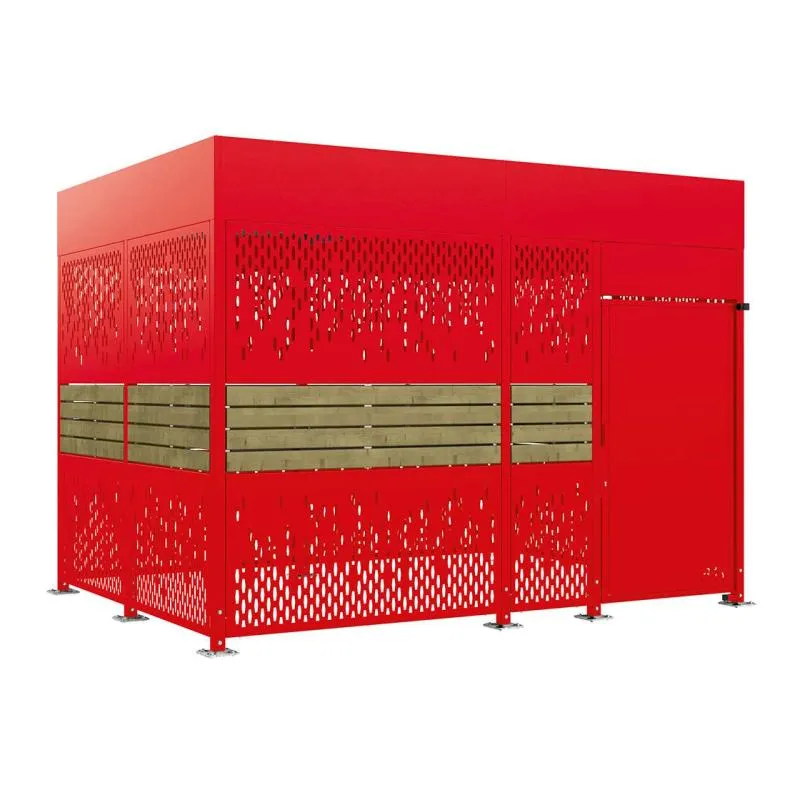 Abri 2 roues 4 m avec bardages bois et acier rouge