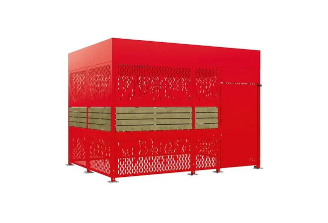 Abri 2 roues 4 m avec bardages bois et acier rouge